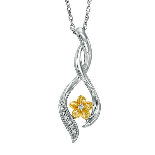 Natural Diamond Accent Twist Ribbon Flower Pendant in Sterling Silver and 10K Yellow Gold