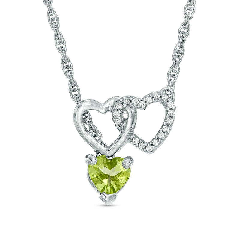 5.0mm Heart-Shaped Peridot and Natural Diamond Accent Double Heart Lariat Necklace in Sterling Silver - 17.5