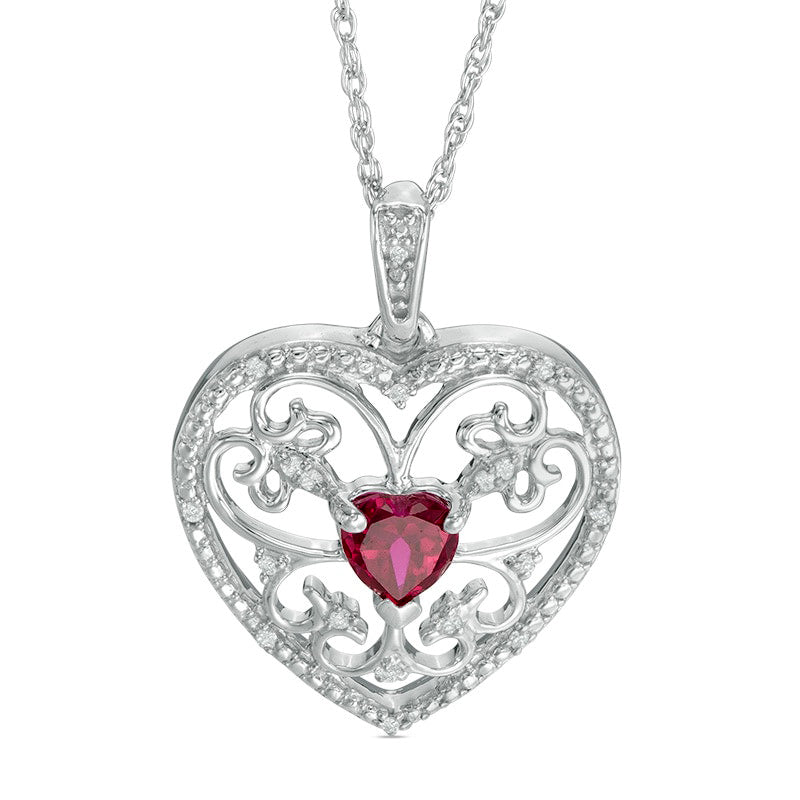 5.5mm Heart-Shaped Lab-Created Ruby and Diamond Accent Scroll Heart Pendant in Sterling Silver