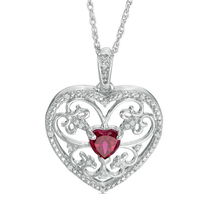 5.5mm Heart-Shaped Lab-Created Ruby and Diamond Accent Scroll Heart Pendant in Sterling Silver