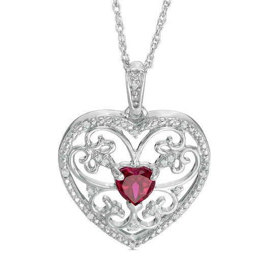 5.5mm Heart-Shaped Lab-Created Ruby and Diamond Accent Scroll Heart Pendant in Sterling Silver