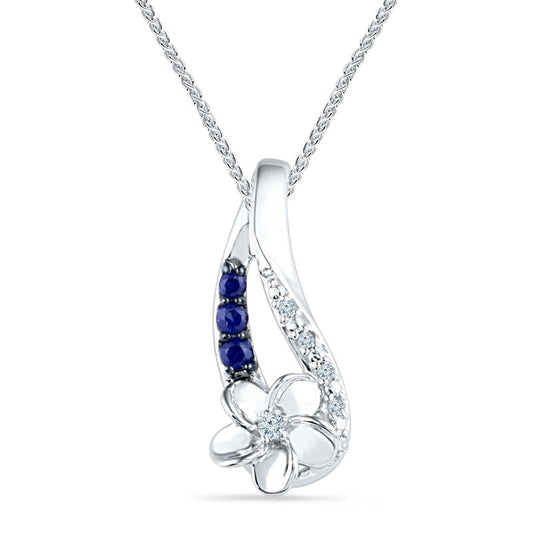 Lab-Created Blue Sapphire and Diamond Accent Flower Pendant in Sterling Silver