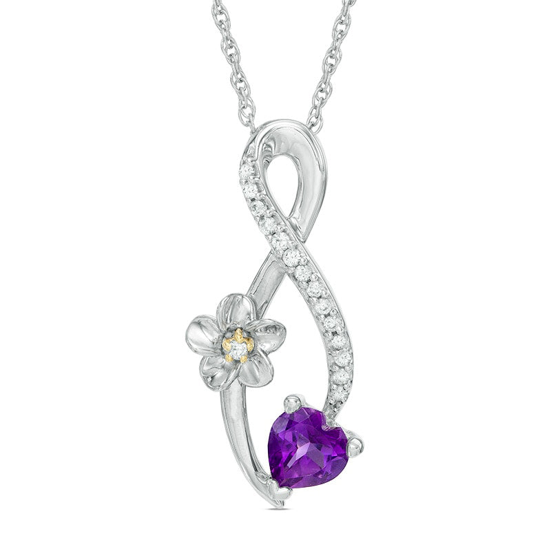 5.0mm Heart-Shaped Amethyst and Natural Diamond Accent Infinity with Flower Pendant in Sterling Silver and 10K Yellow Gold