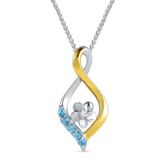 Blue Topaz and Natural Diamond Accent Infinity with Flower Pendant in Sterling Silver and 10K Yellow Gold