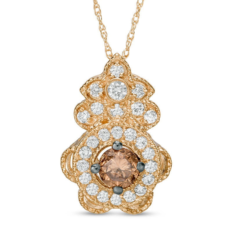 0.88 CT. T.W. Champagne and White Natural Diamond Flower Pendant in 14K Gold