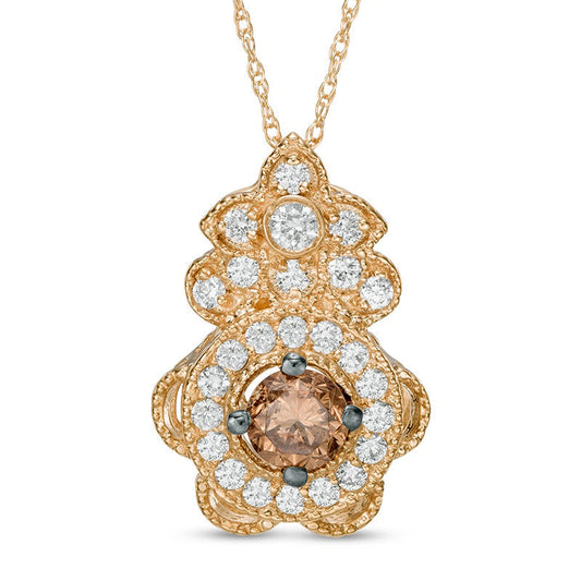 0.88 CT. T.W. Champagne and White Natural Diamond Flower Pendant in 14K Gold