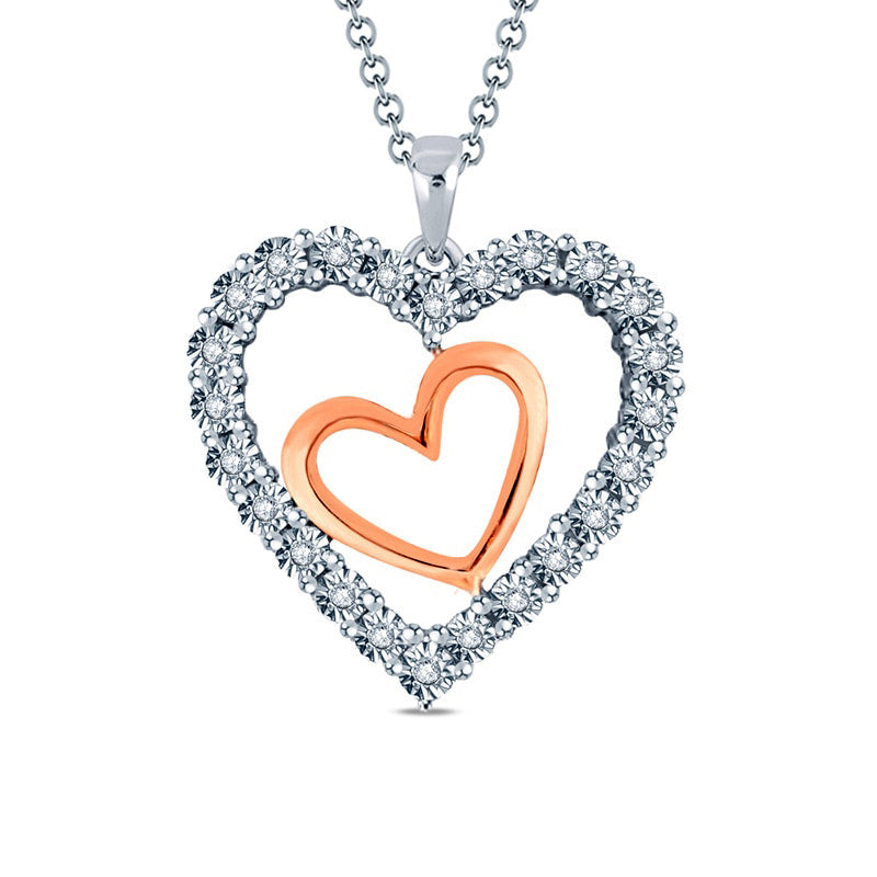 Natural Diamond Accent Double Heart Pendant in Sterling Silver and 14K Rose Gold Plate