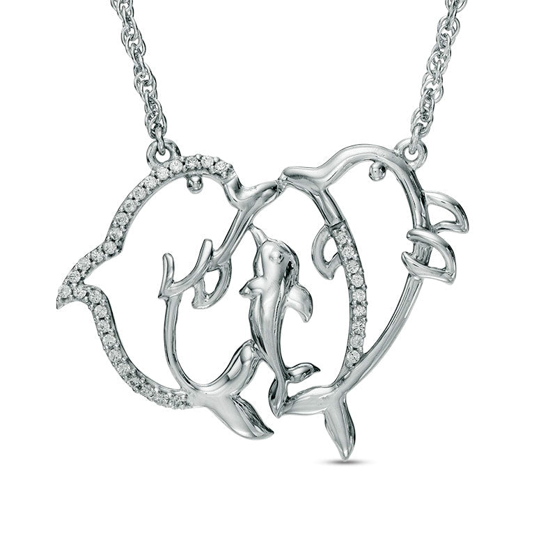 0.1 CT. T.W. Natural Diamond Dolphin Family Necklace in Sterling Silver - 17