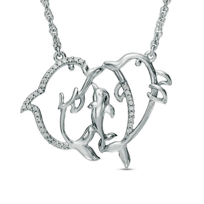0.1 CT. T.W. Natural Diamond Dolphin Family Necklace in Sterling Silver - 17