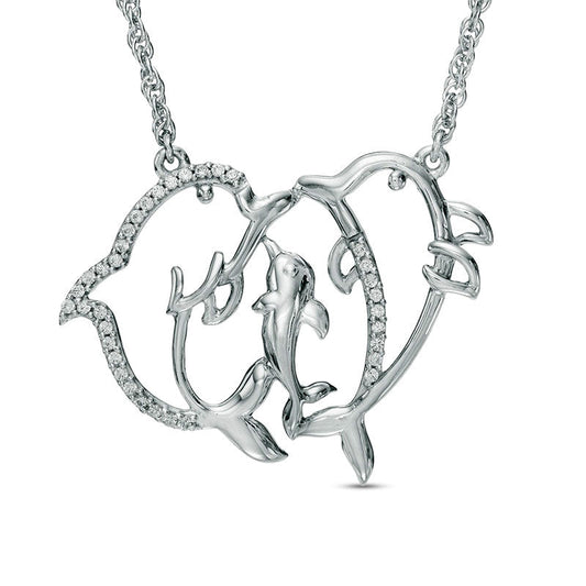 0.1 CT. T.W. Natural Diamond Dolphin Family Necklace in Sterling Silver - 17