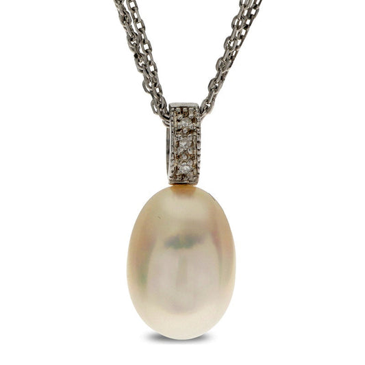 9.0 - 10.0mm Oval Cultured Freshwater Pearl and Natural Diamond Accent Pendant in Sterling Silver