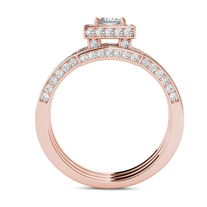 1.38 CT. T.W. Princess-Cut Natural Diamond Frame Three Piece Bridal Engagement Ring Set in Solid 14K Rose Gold