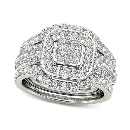 1.75 CT. T.W. Quad Princess-Cut Natural Diamond Frame Three Piece Bridal Engagement Ring Set in Solid 14K White Gold