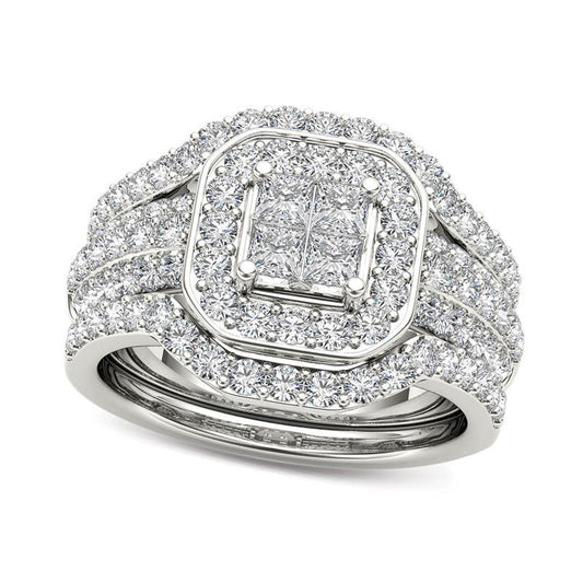 1.75 CT. T.W. Quad Princess-Cut Natural Diamond Frame Three Piece Bridal Engagement Ring Set in Solid 14K White Gold