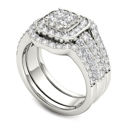 1.75 CT. T.W. Quad Princess-Cut Natural Diamond Frame Three Piece Bridal Engagement Ring Set in Solid 14K White Gold