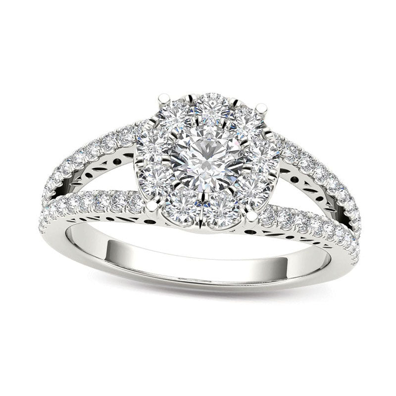 1.0 CT. T.W. Natural Diamond Frame Split Shank Engagement Ring in Solid 14K White Gold
