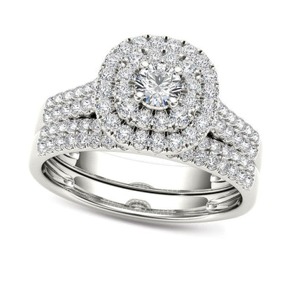 1.0 CT. T.W. Natural Diamond Double Frame Multi-Row Bridal Engagement Ring Set in Solid 14K White Gold