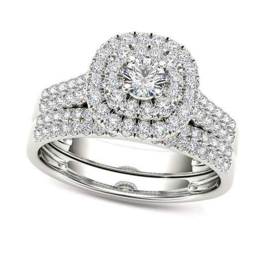1.0 CT. T.W. Natural Diamond Double Frame Multi-Row Bridal Engagement Ring Set in Solid 14K White Gold