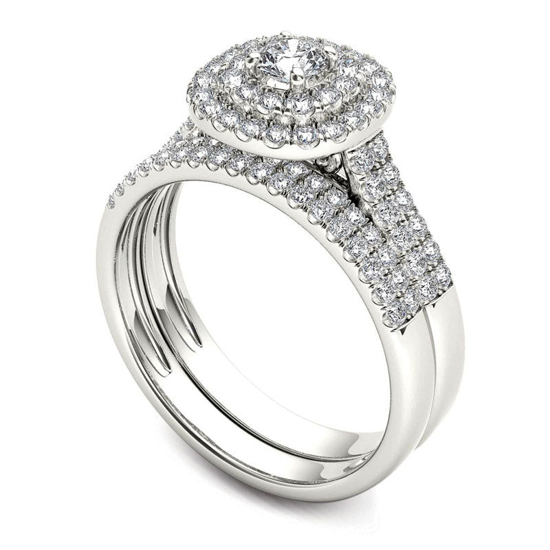 1.0 CT. T.W. Natural Diamond Double Frame Multi-Row Bridal Engagement Ring Set in Solid 14K White Gold