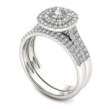 1.0 CT. T.W. Natural Diamond Double Frame Multi-Row Bridal Engagement Ring Set in Solid 14K White Gold