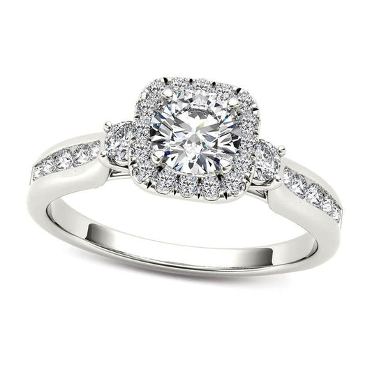 0.88 CT. T.W. Natural Diamond Cushion Frame Engagement Ring in Solid 14K White Gold