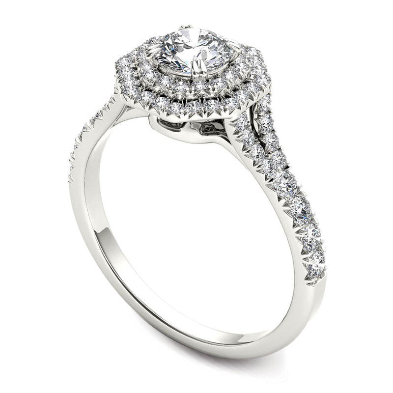 1.0 CT. T.W. Natural Diamond Double Octagonal Frame Engagement Ring in Solid 14K White Gold