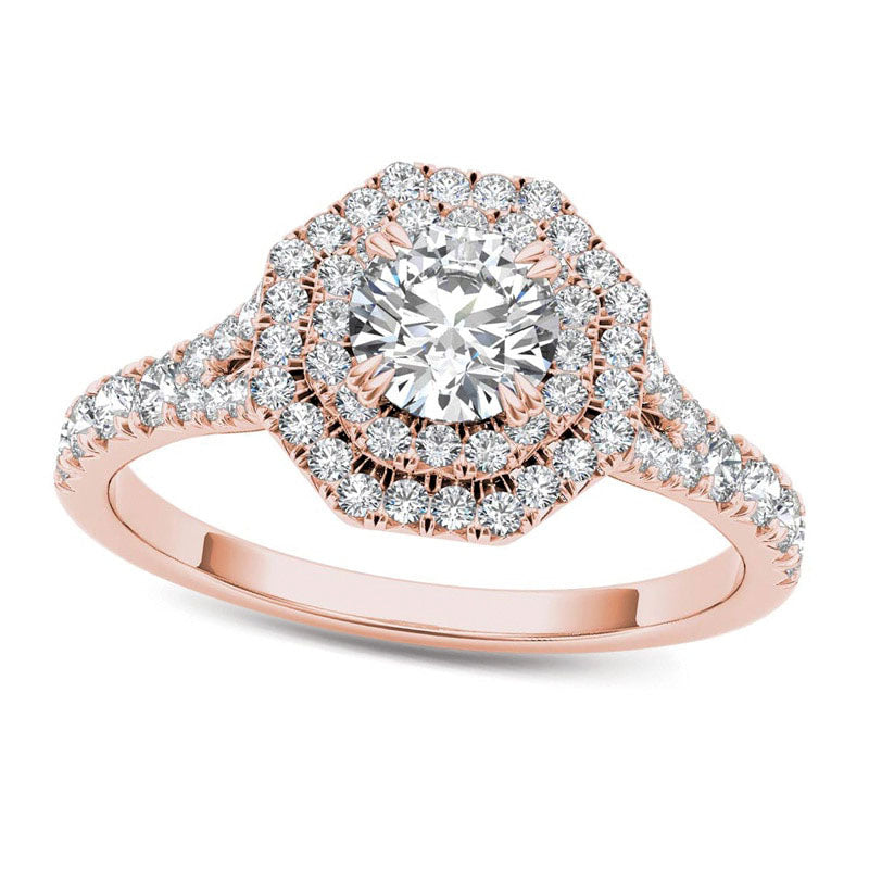 1.0 CT. T.W. Natural Diamond Double Octagonal Frame Engagement Ring in Solid 14K Rose Gold