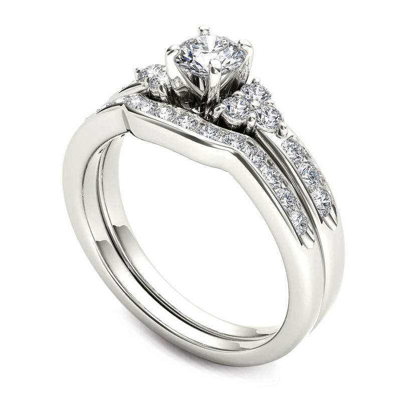 1.0 CT. T.W. Natural Diamond Tri-Sides Bridal Engagement Ring Set in Solid 14K White Gold