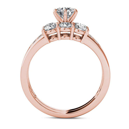 1.5 CT. T.W. Natural Diamond Three Stone Bridal Engagement Ring Set in Solid 14K Rose Gold