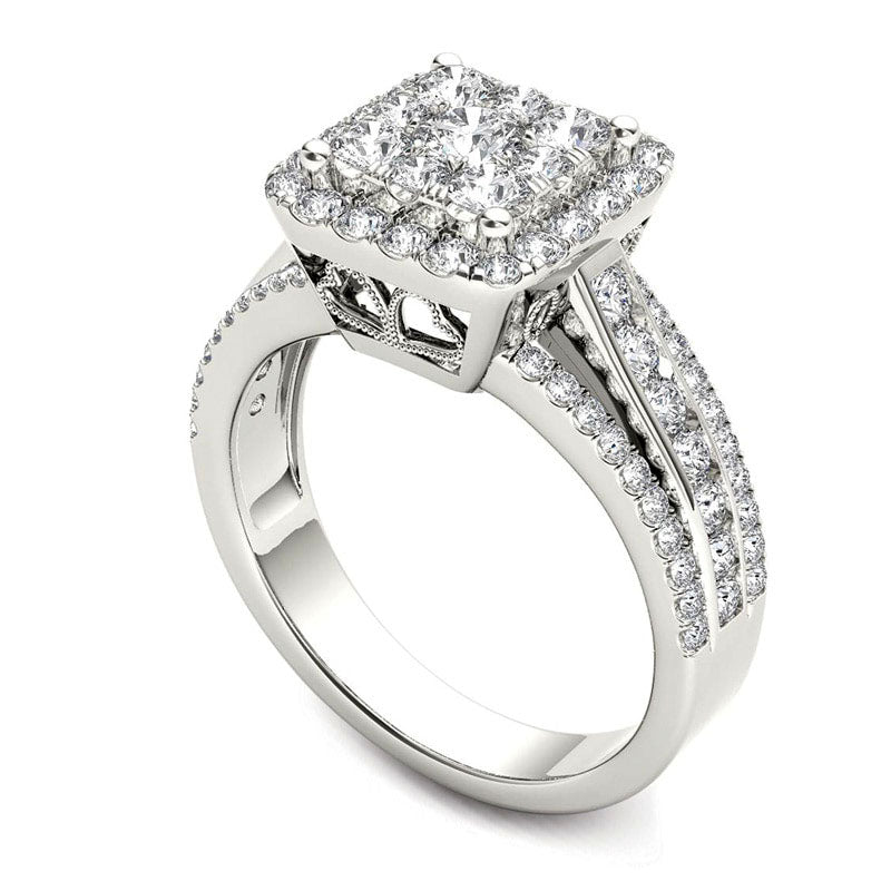 1.5 CT. T.W. Composite Natural Diamond Cushion Frame Engagement Ring in Solid 14K White Gold