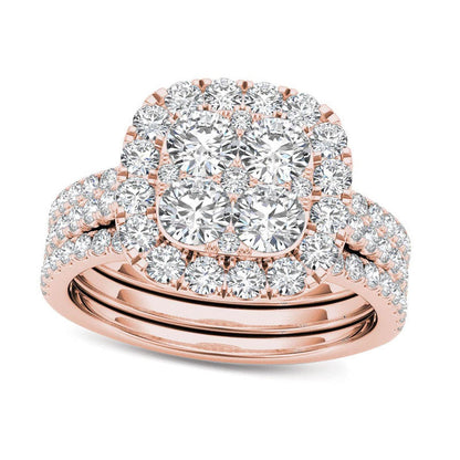 2.0 CT. T.W. Composite Natural Diamond Cushion Frame Bridal Engagement Ring Set in Solid 14K Rose Gold