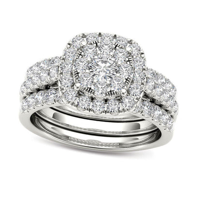 1.5 CT. T.W. Composite Natural Diamond Frame Three Piece Bridal Engagement Ring Set in Solid 14K White Gold