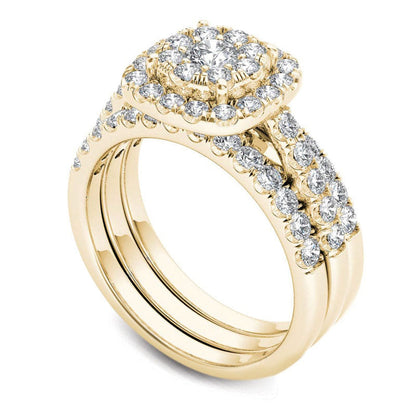 1.5 CT. T.W. Composite Natural Diamond Frame Three Piece Bridal Engagement Ring Set in Solid 14K Gold