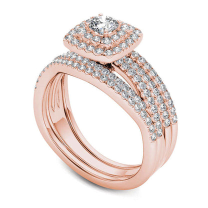 1.0 CT. T.W. Natural Diamond Cushion Double Frame Woven Three Piece Bridal Engagement Ring Set in Solid 14K Rose Gold