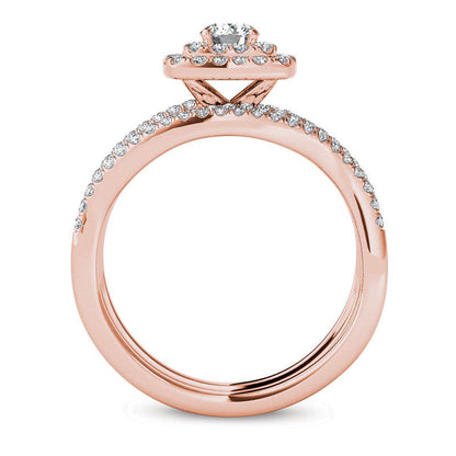 1.0 CT. T.W. Natural Diamond Cushion Double Frame Woven Three Piece Bridal Engagement Ring Set in Solid 14K Rose Gold