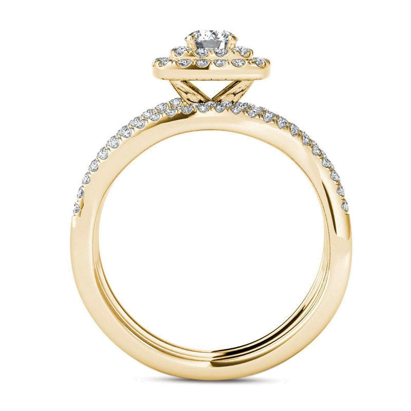 1.0 CT. T.W. Natural Diamond Cushion Double Frame Woven Three Piece Bridal Engagement Ring Set in Solid 14K Gold