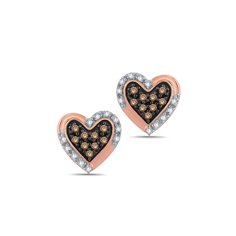 Champagne and White Diamond Accent Heart Stud Earrings in 10K Rose Gold