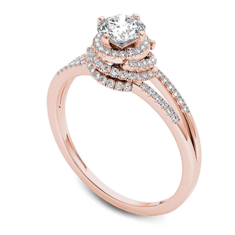 0.75 CT. T.W. Natural Diamond Frame Split Shank Engagement Ring in Solid 14K Rose Gold