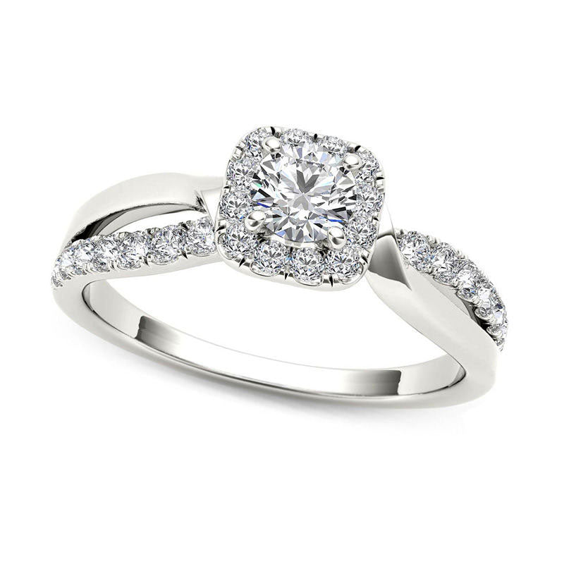 0.75 CT. T.W. Natural Diamond Square Frame Split Shank Engagement Ring in Solid 14K White Gold