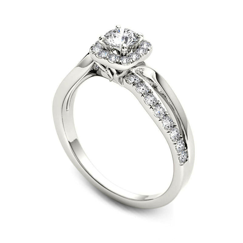 0.75 CT. T.W. Natural Diamond Square Frame Split Shank Engagement Ring in Solid 14K White Gold