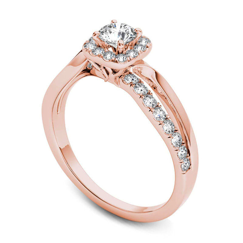 0.75 CT. T.W. Natural Diamond Square Frame Split Shank Engagement Ring in Solid 14K Rose Gold