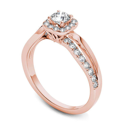 0.75 CT. T.W. Natural Diamond Square Frame Split Shank Engagement Ring in Solid 14K Rose Gold