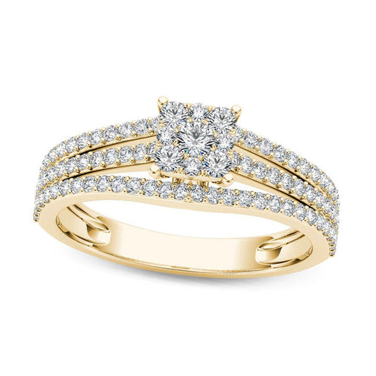 0.63 CT. T.W. Square Composite Natural Diamond Three Row Engagement Ring in Solid 14K Gold