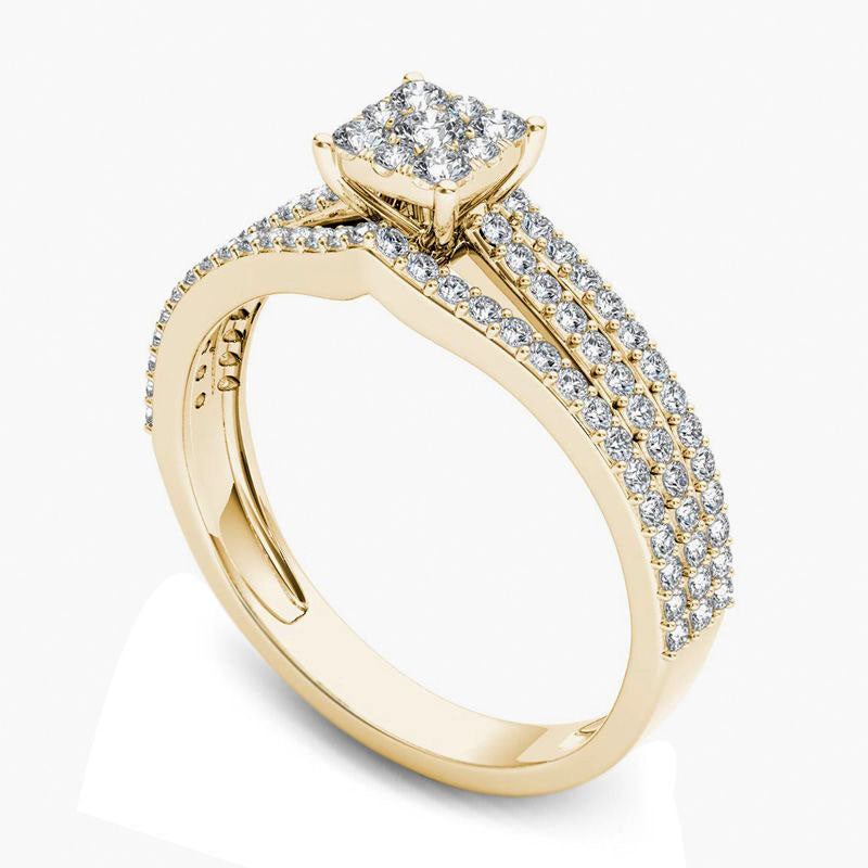 0.63 CT. T.W. Square Composite Natural Diamond Three Row Engagement Ring in Solid 14K Gold