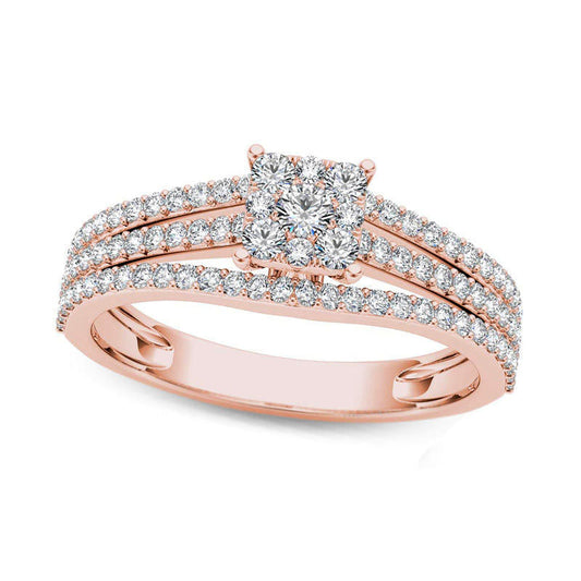 0.63 CT. T.W. Square Composite Natural Diamond Three Row Engagement Ring in Solid 14K Rose Gold