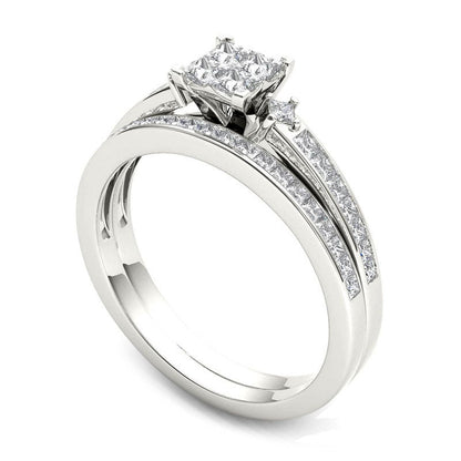 0.75 CT. T.W. Quad Princess-Cut Natural Diamond Bridal Engagement Ring Set in Solid 14K White Gold