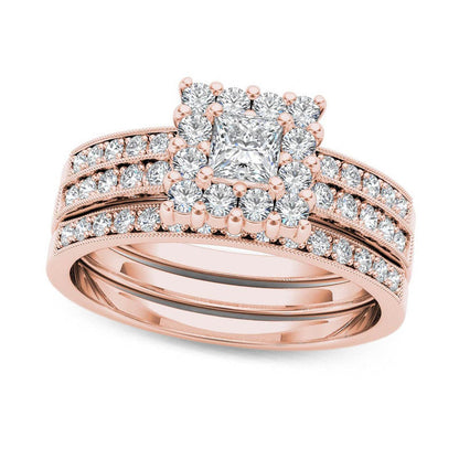 0.88 CT. T.W. Princess-Cut Natural Diamond Frame Three Piece Bridal Engagement Ring Set in Solid 14K Rose Gold