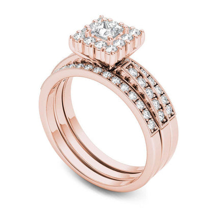 0.88 CT. T.W. Princess-Cut Natural Diamond Frame Three Piece Bridal Engagement Ring Set in Solid 14K Rose Gold