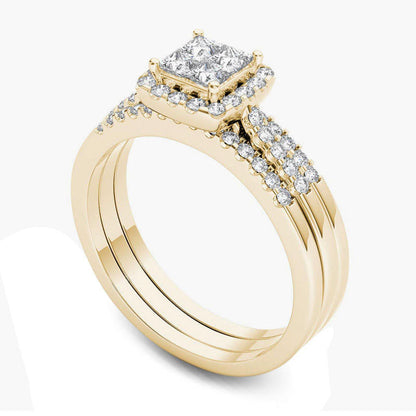 0.75 CT. T.W. Quad Princess-Cut Natural Diamond Frame Three Piece Bridal Engagement Ring Set in Solid 14K Gold