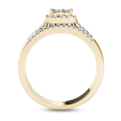 0.75 CT. T.W. Quad Princess-Cut Natural Diamond Frame Three Piece Bridal Engagement Ring Set in Solid 14K Gold